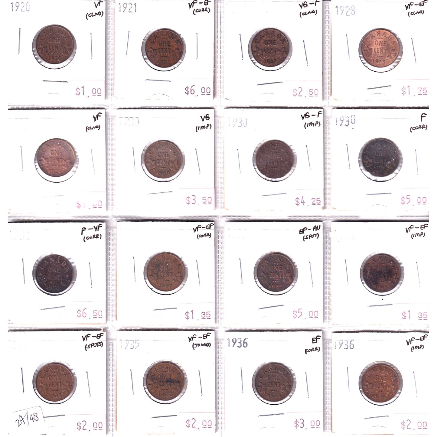 Lot of 16x 1920-1936 Canada 1-Cent, F to EF-AU, 16Pcs. (Impaired)