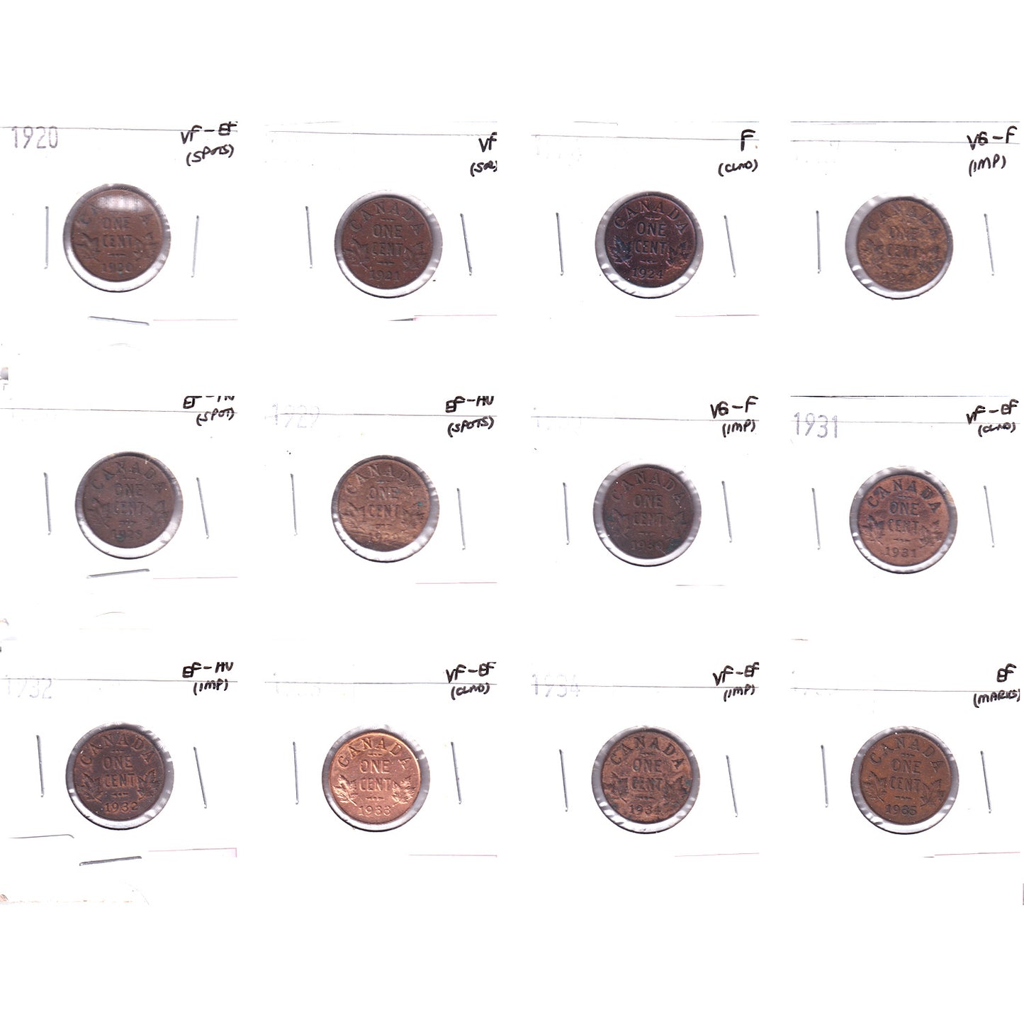 Lot of 12x 1920-1935 Canada 1-Cent, F to EF-AU, 12Pcs. (Impaired)