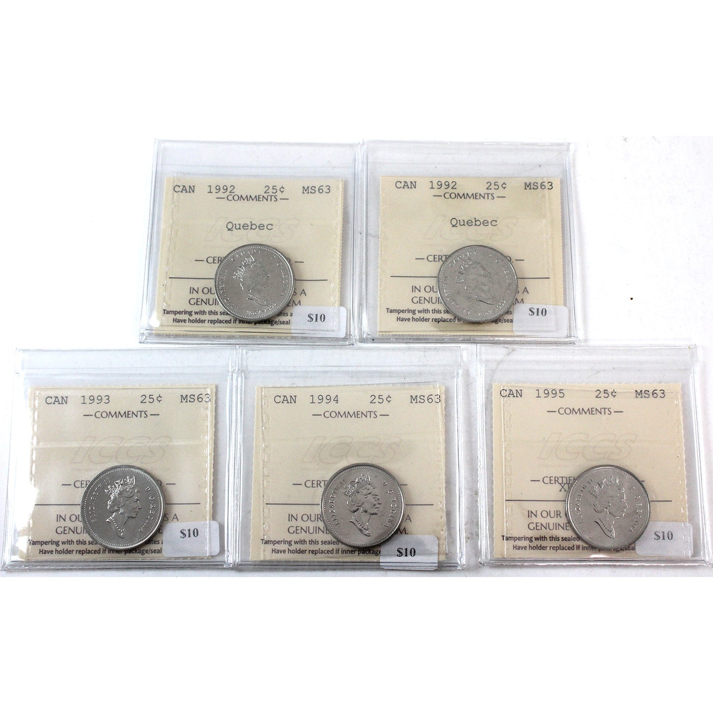 Lot of 5x 1992-1995 Canada 25-Cents, ICCS Certified MS63, 5Pcs.