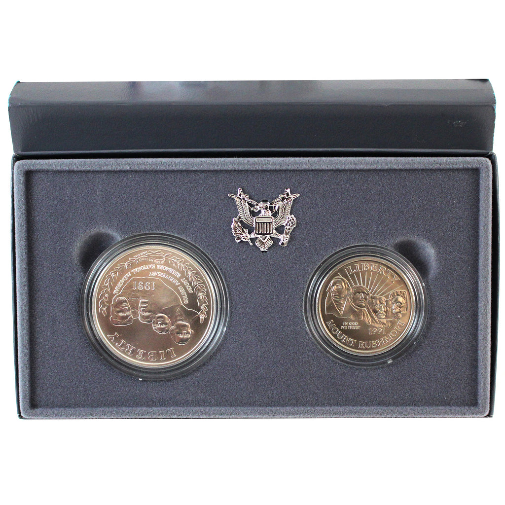 1991 USA Mount Rushmore Anniversary $1 & Half Dollar Set (Scratch on Sleeve)