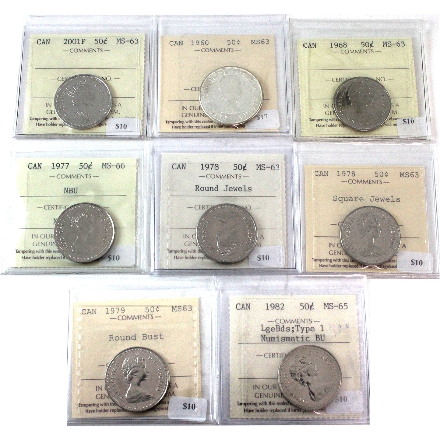 Lot of 8x 1960-2001 Canada 50-cents ICCS Certified MS63 to MS65, 8Pcs.