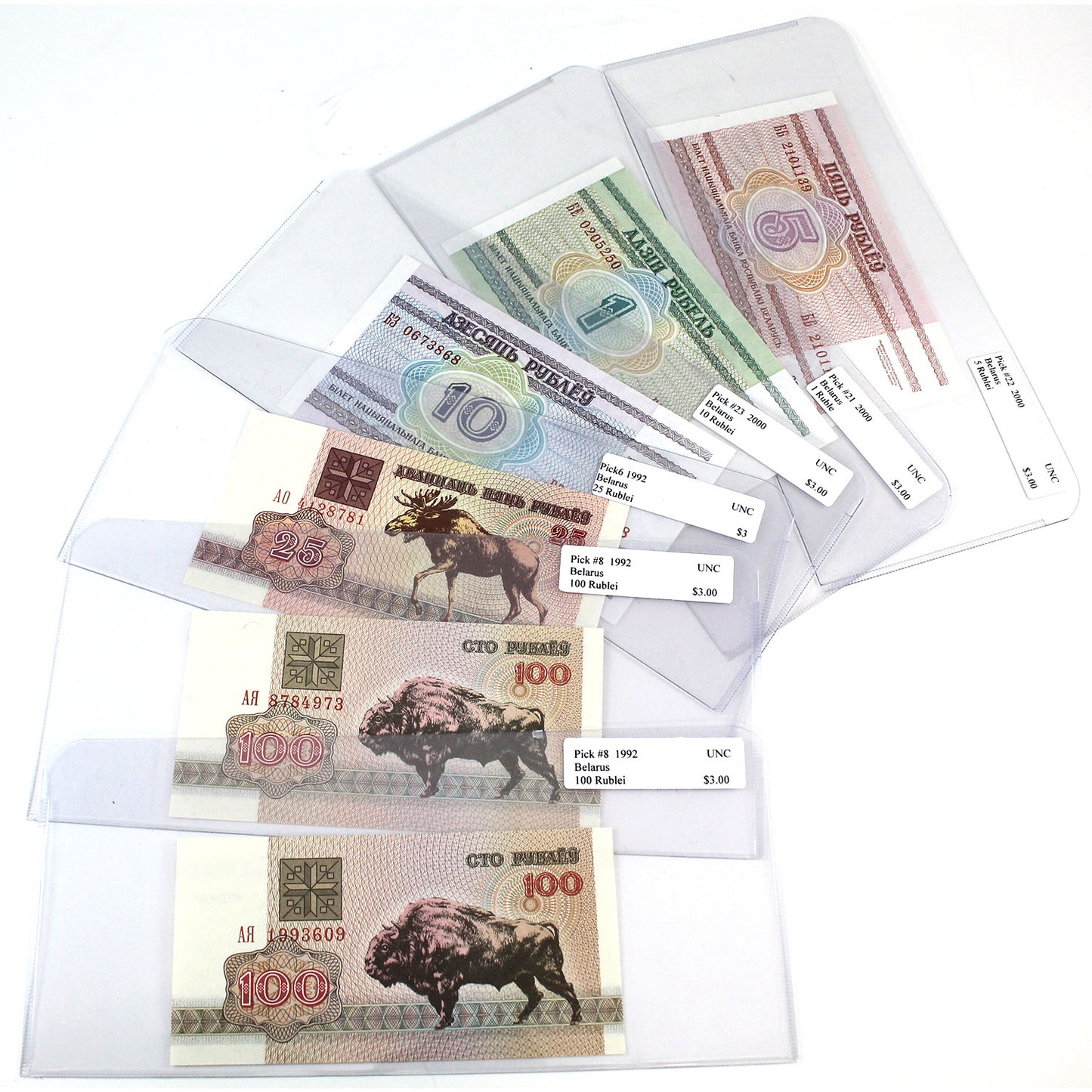 Lot of 6x 1992-2000 Mixed Belarus Bank Notes, All UNC, 6Pcs.