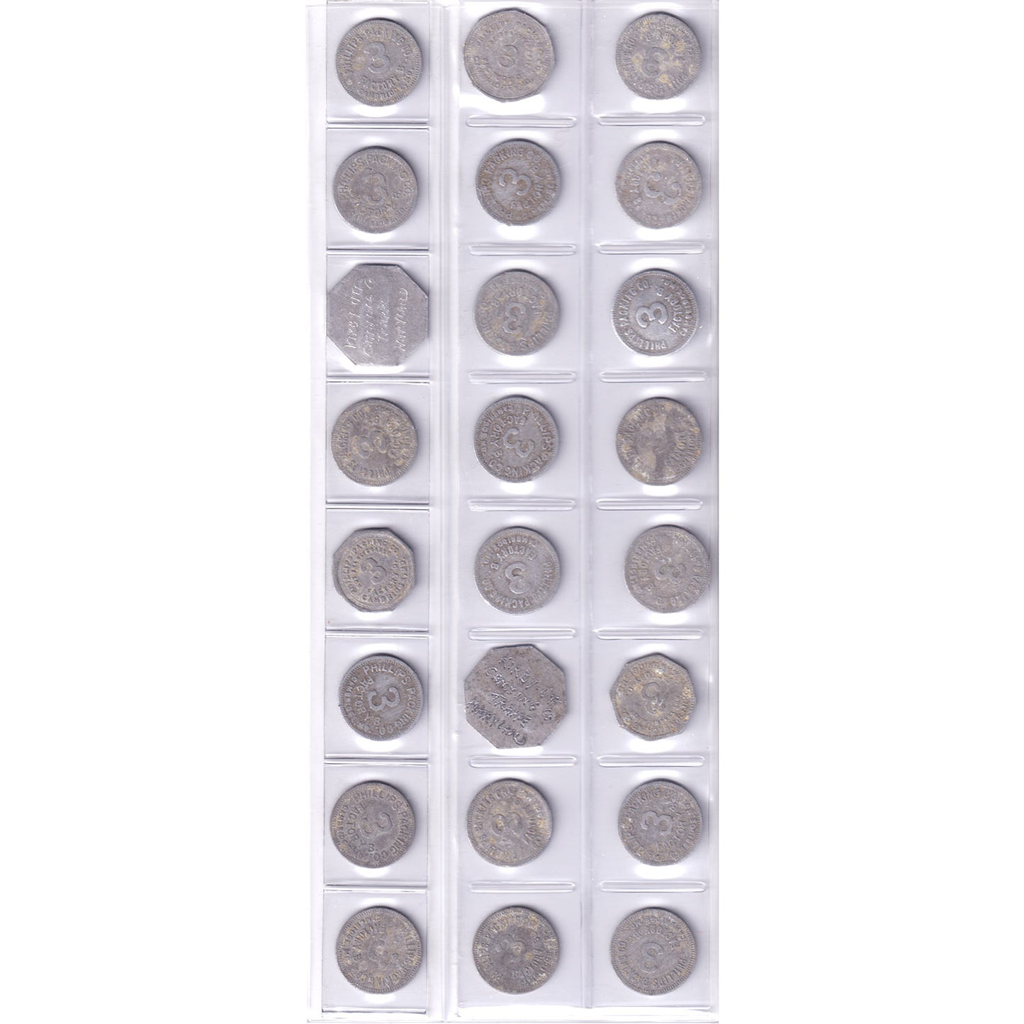 Lot of 24x Phillips Packing Co & Kirby UTT Canning Co. Tokens (Sold As Is)