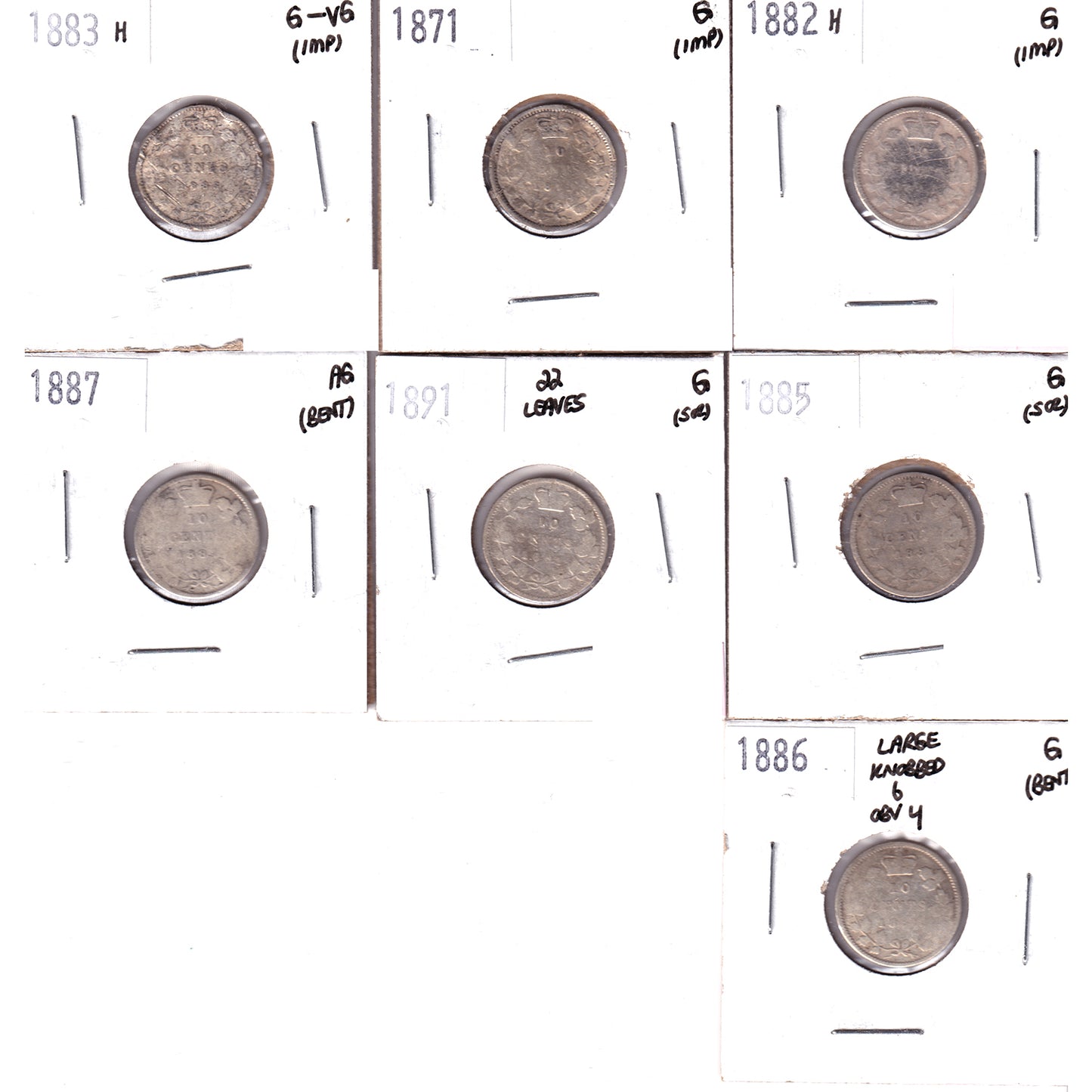 Lot of 7x 1871-1891 Canada 10-cents AG to G-VG, 7Pcs. (Impaired)