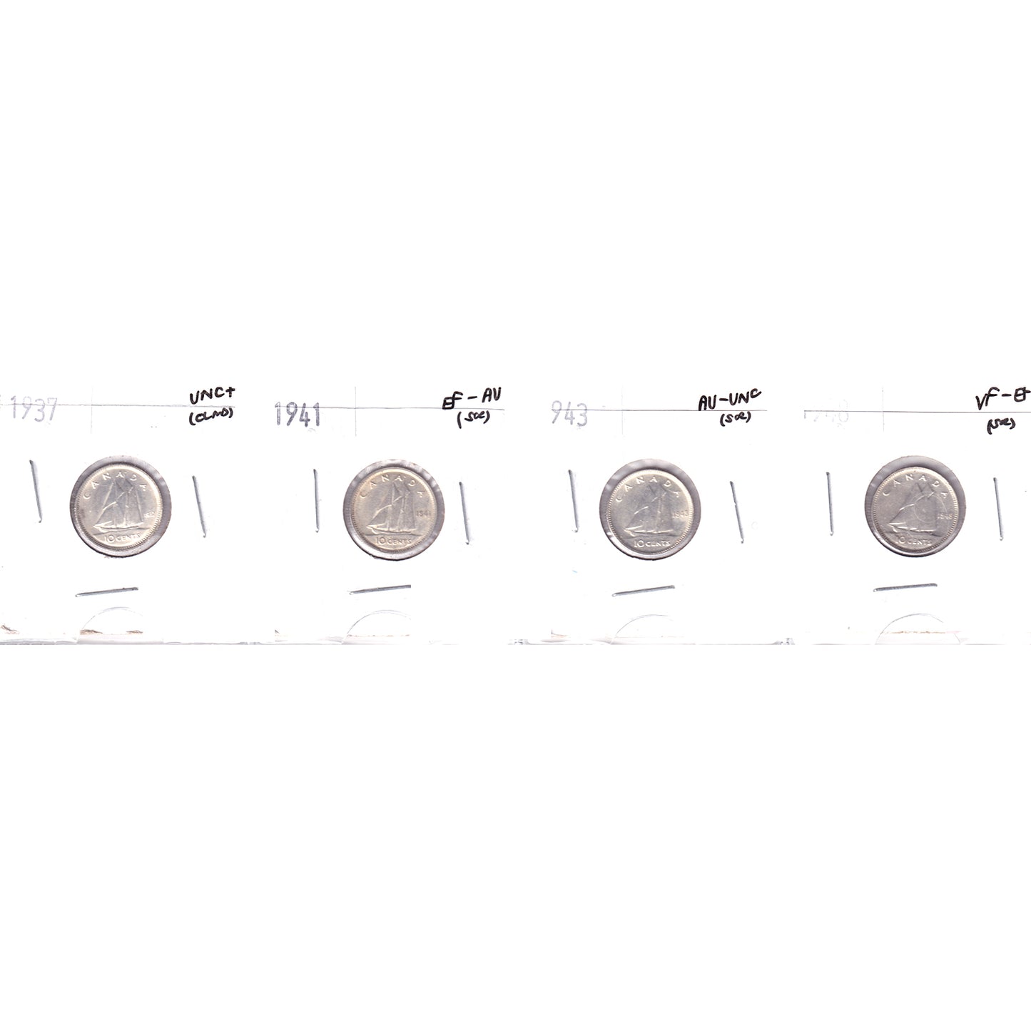 Lot of 4x 1937-1948 Canada 10-cents, VF-EF to UNC+, 4Pcs. (Impaired)