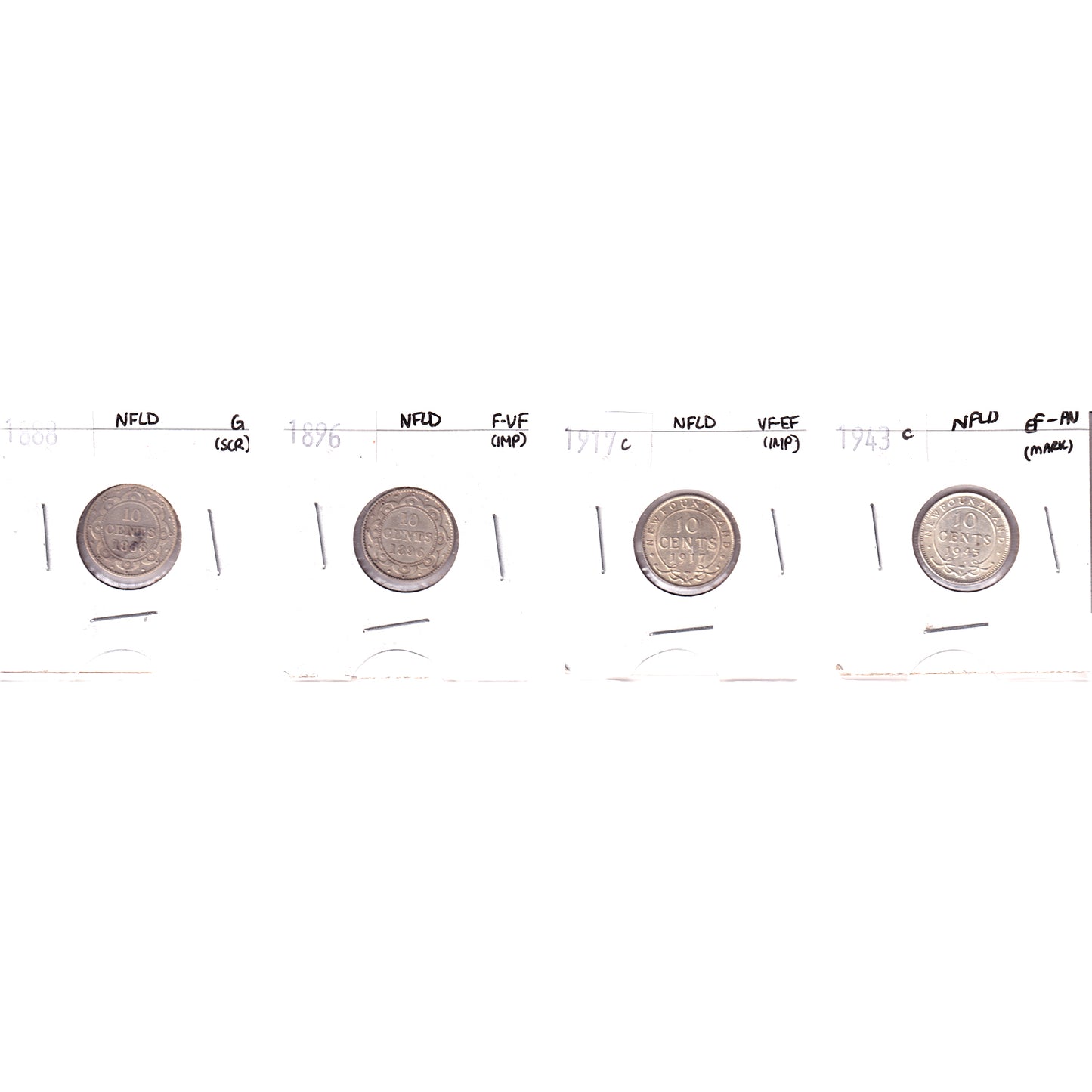 Lot of 4x 1888-1943C Newfoundland 10-cents G to EF-AU, 4Pcs. (Impaired)
