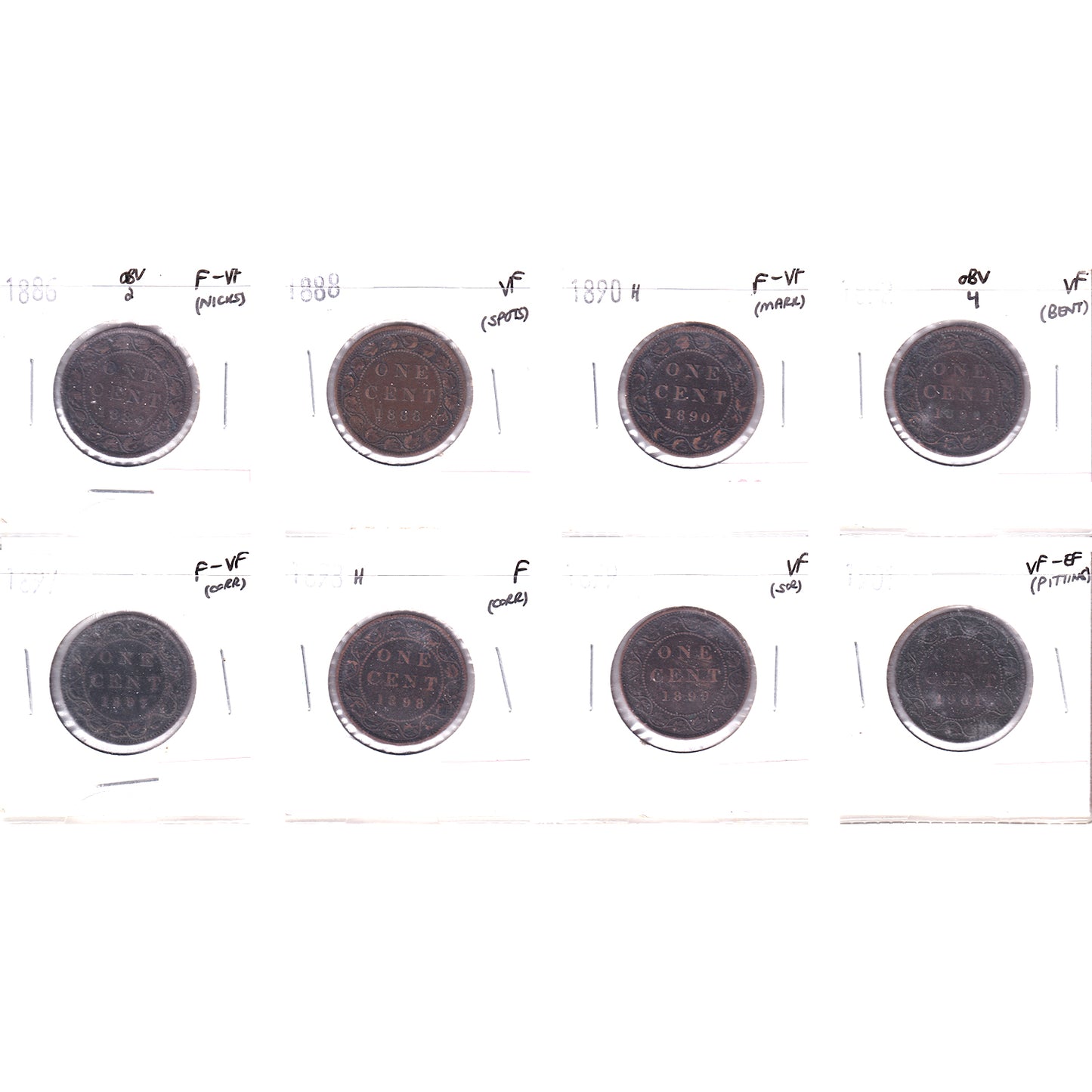 Lot of 8x 1886-1901 Canada 1-cent, F to VF-EF, 8Pcs. (Impaired)