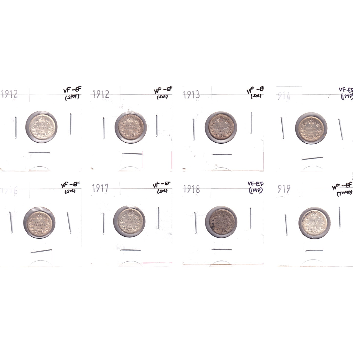 Lot of 8x 1912-1919 Canada 5-cents, All VF-EF, 8Pcs. (Impaired)