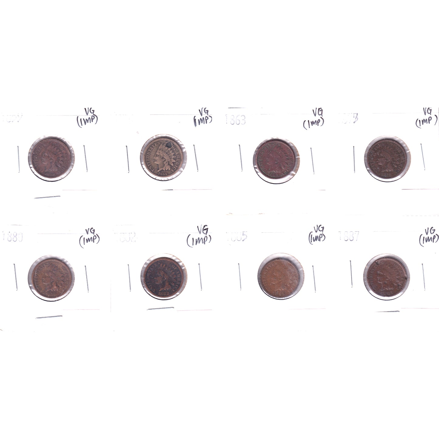 Lot of 8x 1859-1887 USA Cent, All VG, 8Pcs. (Impaired)