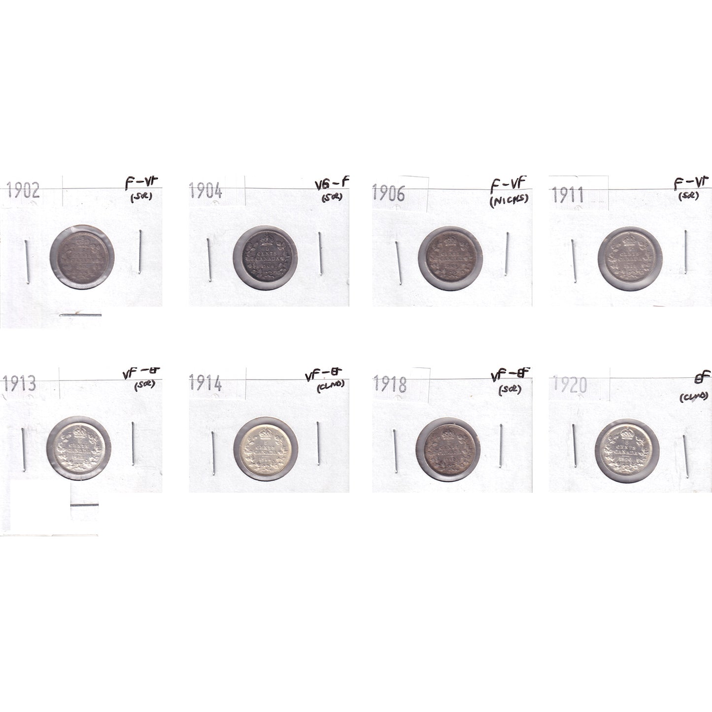 Lot 8x 1902-1920 Canada 5-Cents, VG-F to EF, 8Pcs. (Impaired)