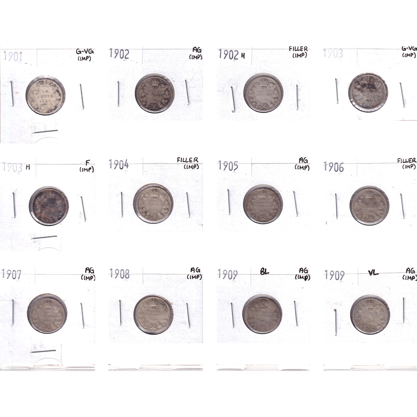 Lot of 12x 1901-1909 Canada 10-cents Filler to F, 12Pcs. (Impaired)