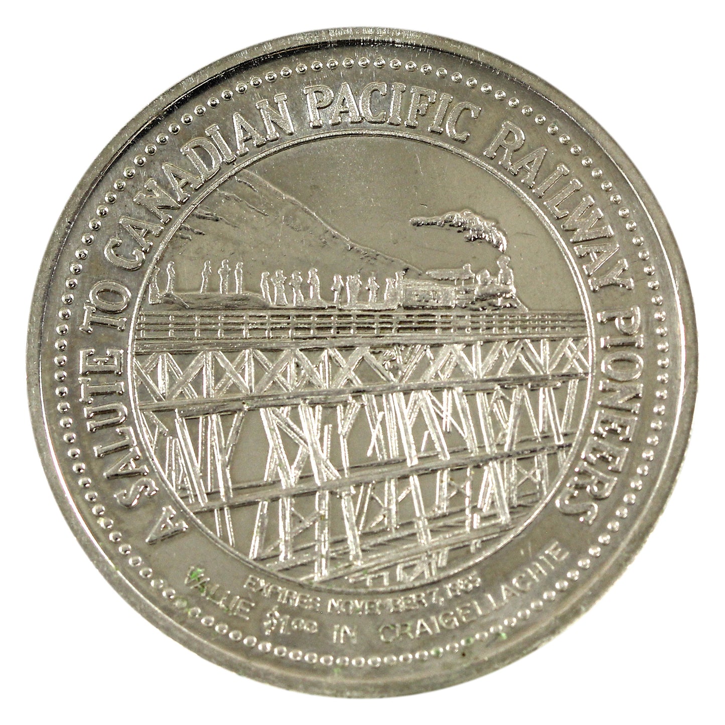 1985 Craigellachie, British Columbia Centennial of the Last Spike Dollar Token