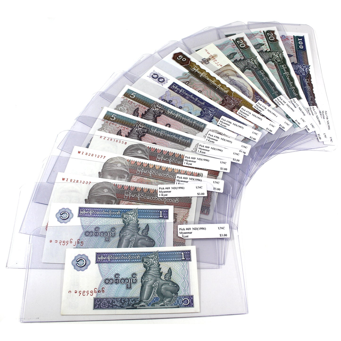 Lot of 13x ND (1994-1997) Myanmar Notes, Various Denominations, UNC, 13Pcs.
