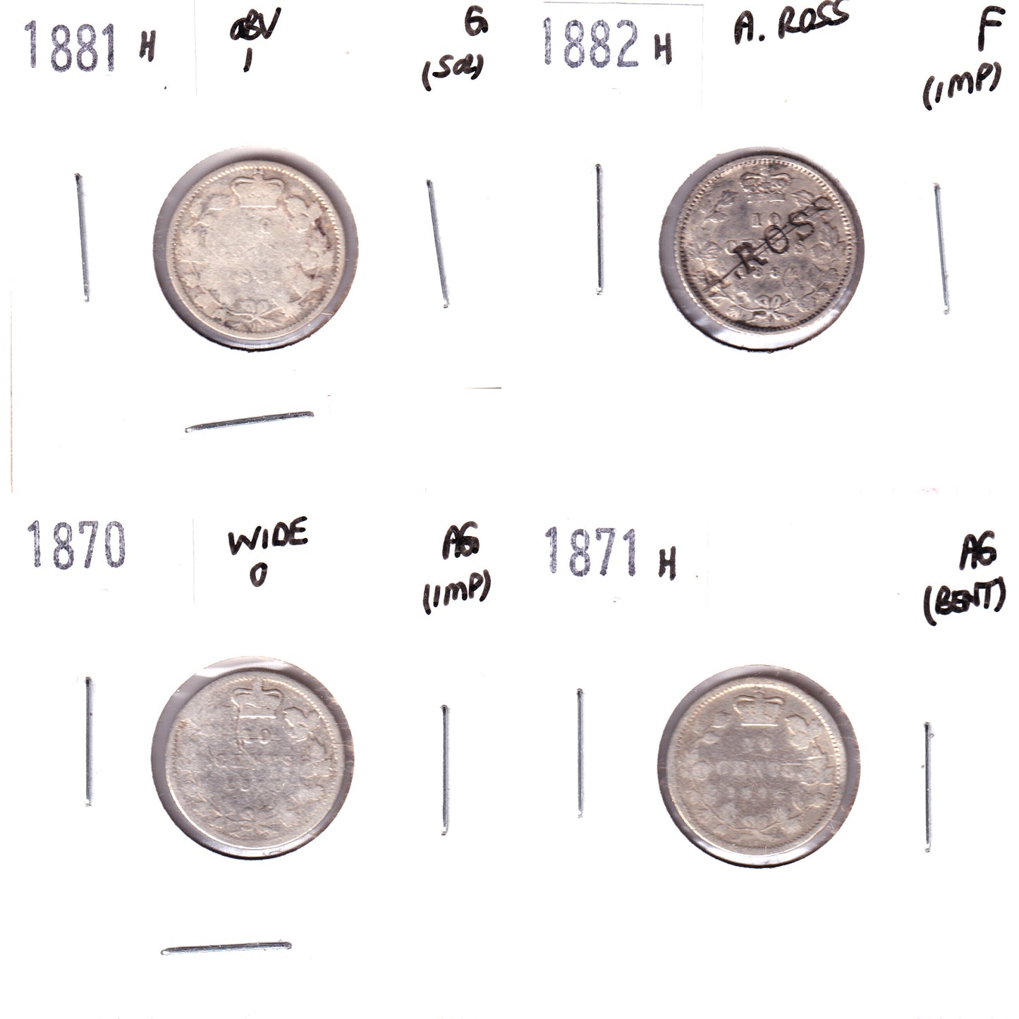 Lot of 4x 1870-1882H Canada 10-cents, AG to F, 4Pcs. (Impaired)