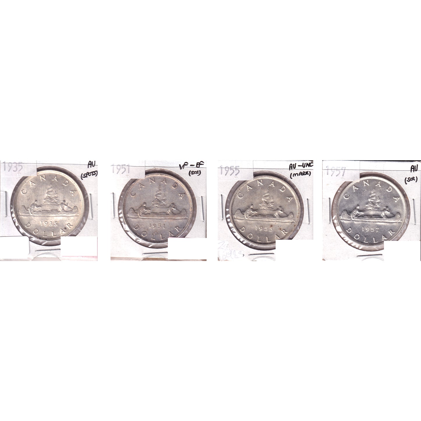 Lot of 4x 1935-1957 Canada Dollar, VF-EF to AU-UNC, 4Pcs. (Impaired)