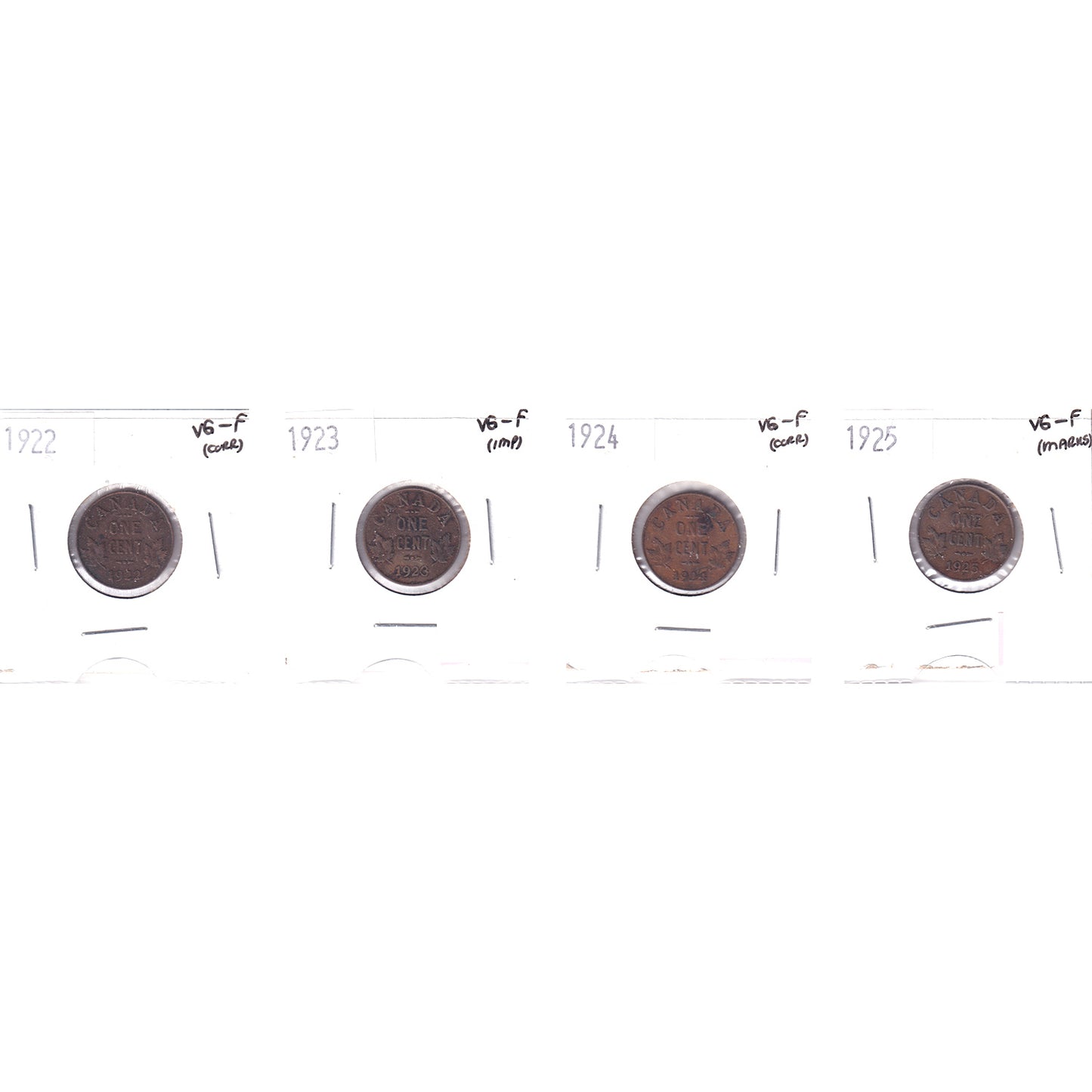 Lot of 4x 1922-1925 Canada 1-cent, All VG-F, 4Pcs. (Impaired)
