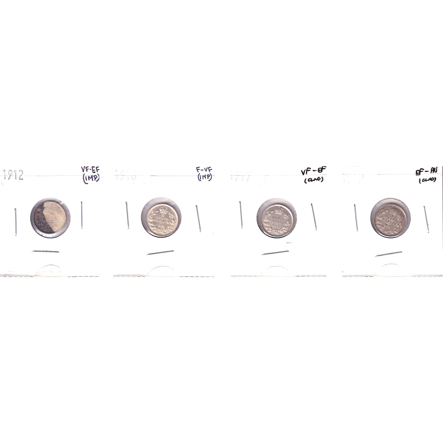 Lot of 4x 1912-1919 Canada 5-cents, F-VF to EF-AU, 4Pcs. (Impaired)