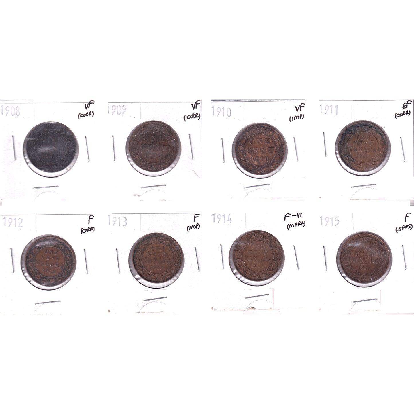 Lot of 8x 1908-1915 Canada 1-cent, F to EF, 8Pcs. (Impaired)