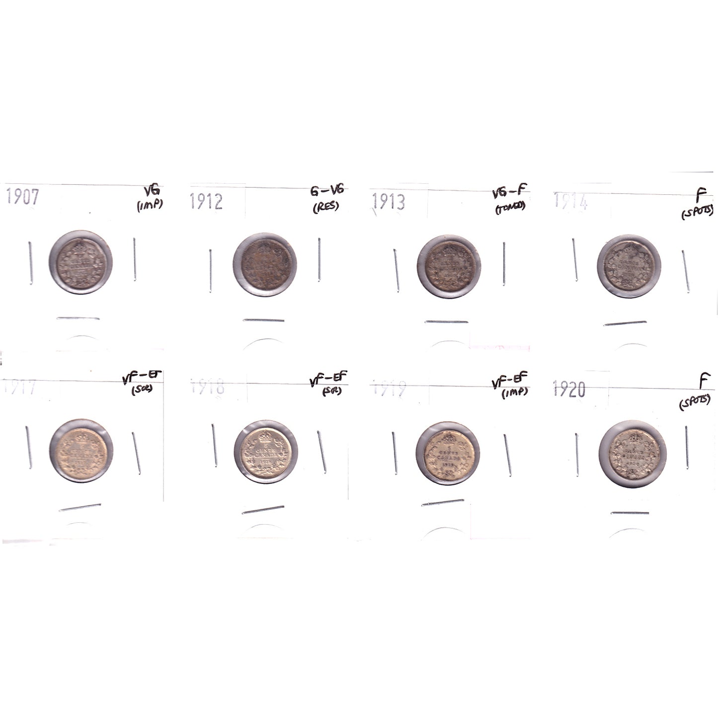 Lot of 8x 1907-1920 Canada 5-cents, G-VG to VF-EF, 8Pcs. (Impaired)