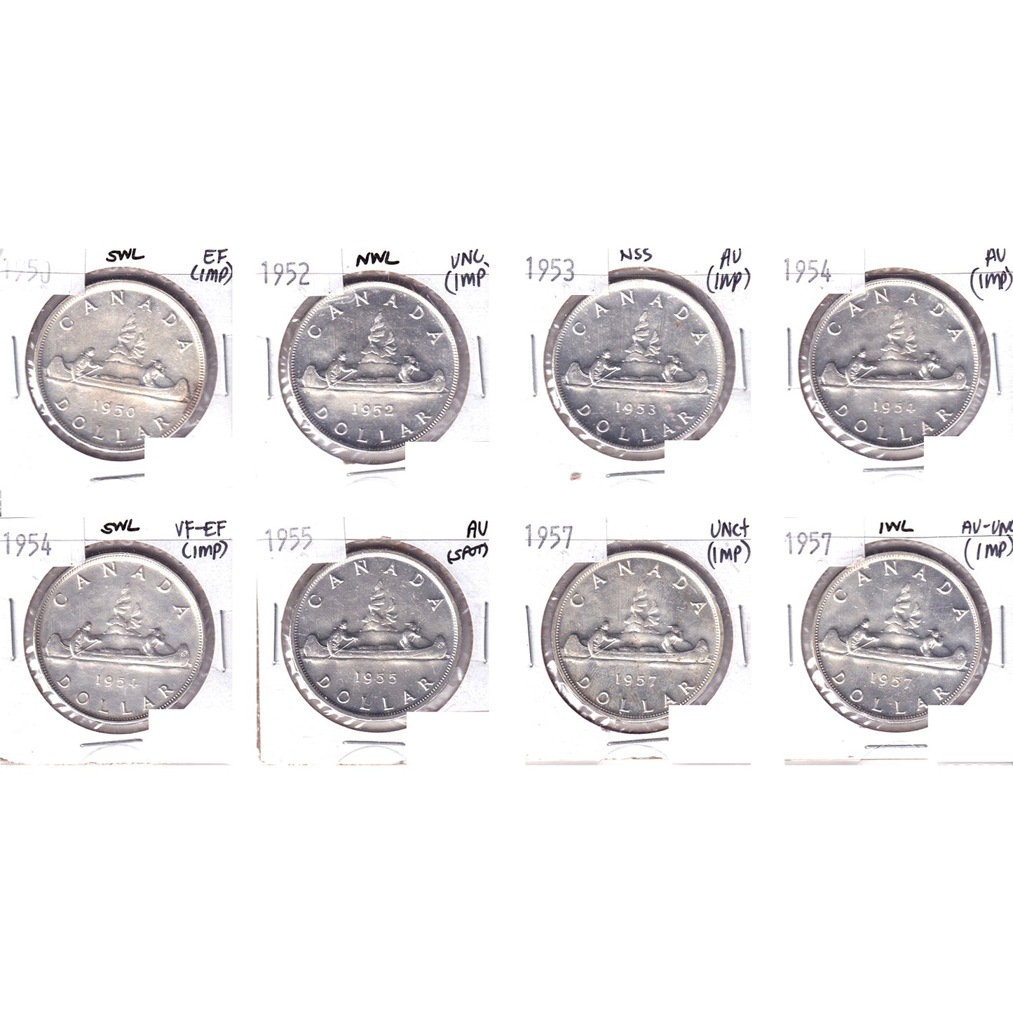 Lot of 8x 1950-1957 Canada Dollar, VF-EF to UNC+. 8Pcs. (Impaired)