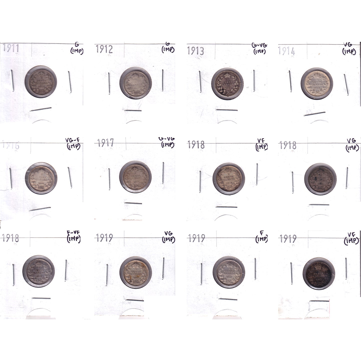 Lot of 12x 1911-1919 Canada 5-cents, G to VF, 12Pcs. (Impaired)