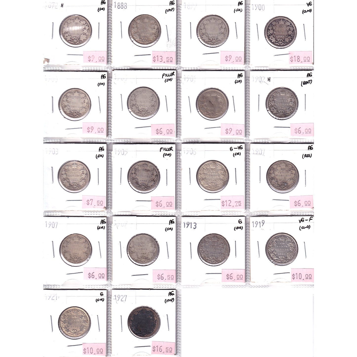 Lot of 18x 1872H-1927 Canada 25-Cents, Filler to VG-F, 18Pcs. (Impaired)