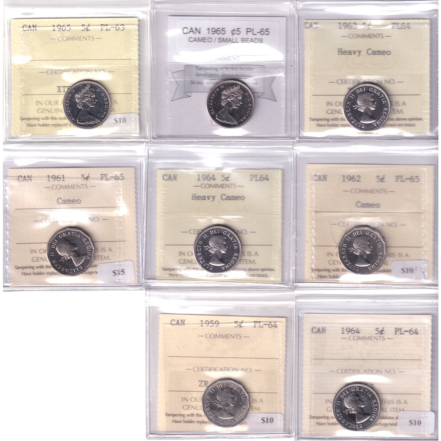 Lot of 8x 1959-1965 Canada 5-cents ICCS & Coin Mart Certified PL63 to PL65, 8Pcs.