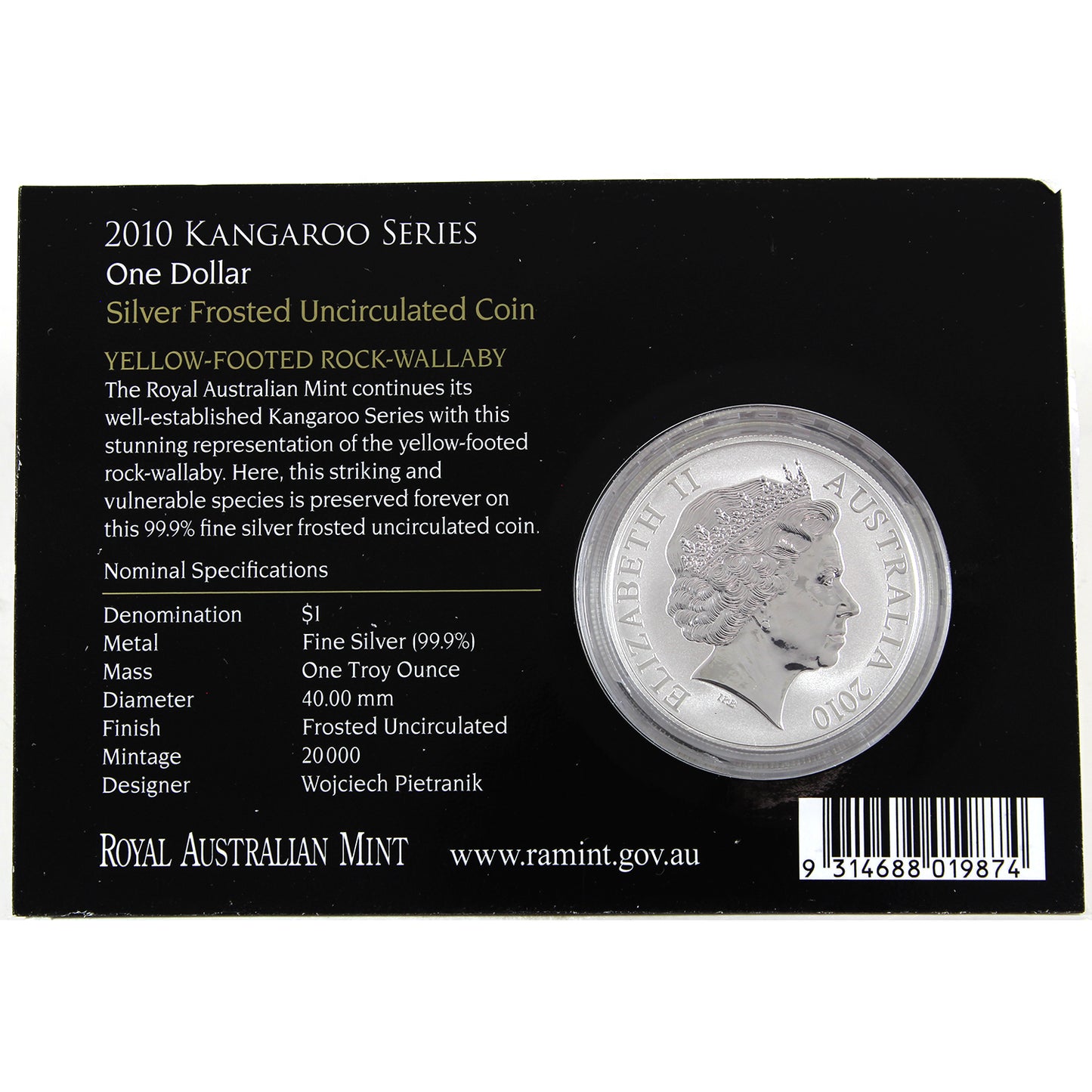 2010 Australia $1 Kangaroo 1oz. Fine Silver Frosted Uncirculated Coin in Card (No Tax)