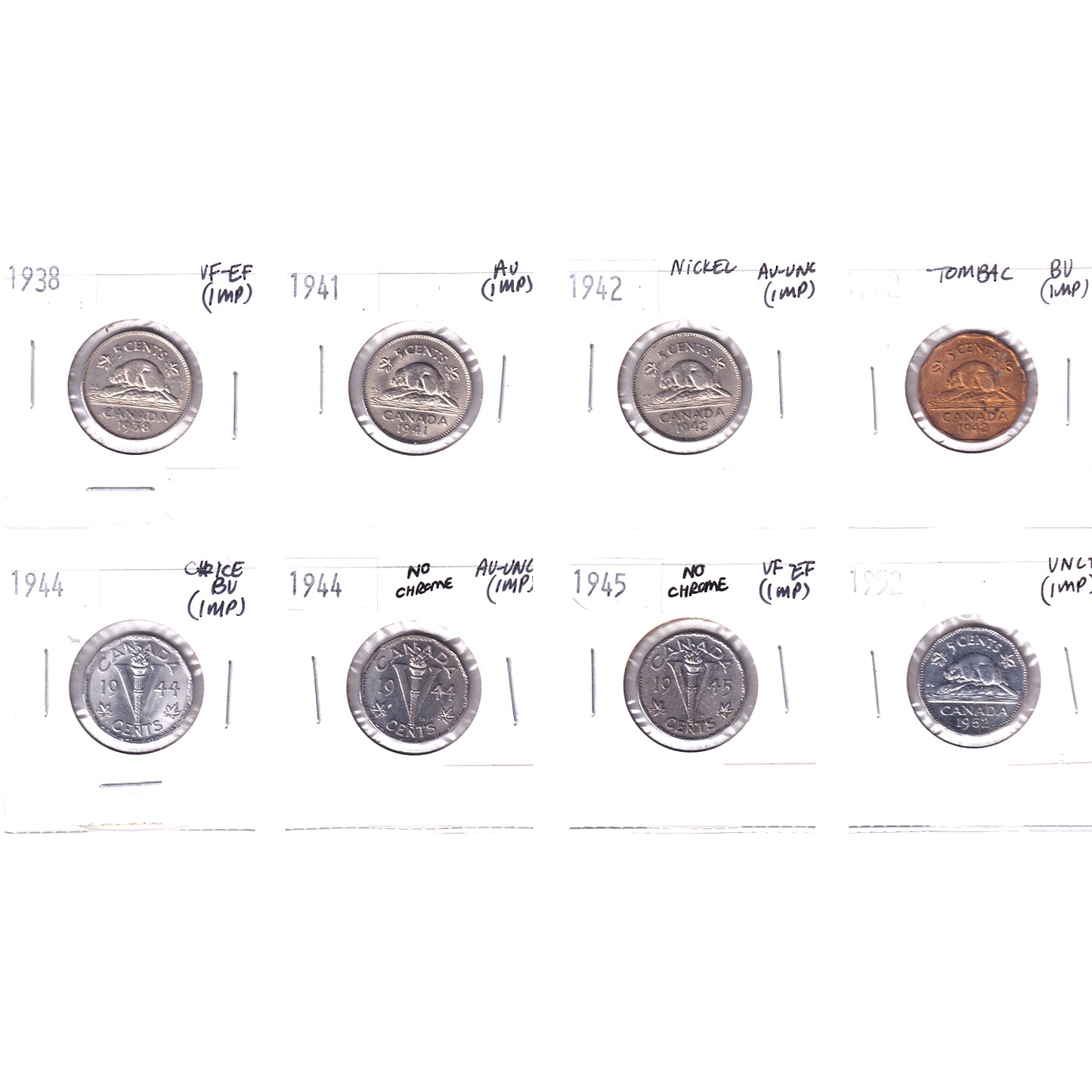 Lot of 8x 1938-1952 Canada 5-cents, VF-EF to Choice BU, 8Pcs. (Impaired)
