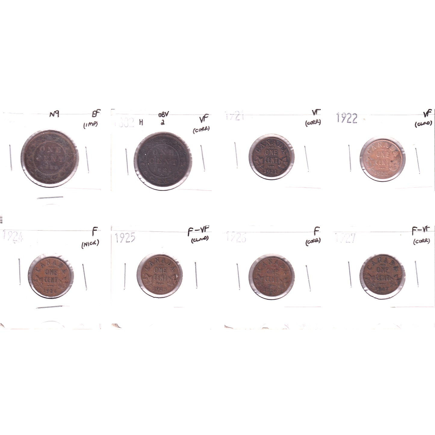 Lot of 8x 1859-1927 Canada 1-cent, F to EF, 8Pcs. (Impaired)