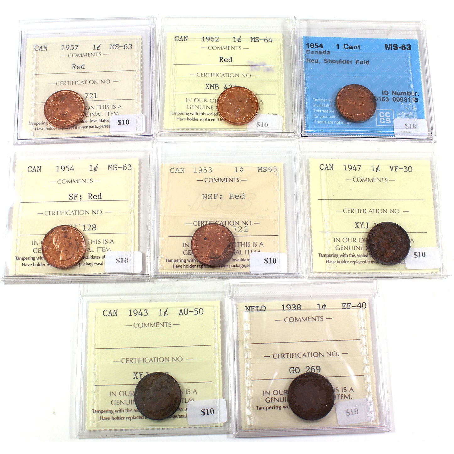Lot of 8x 1938-1962 Canada & NFLD 1-cent CCCS & ICCS Cert. VF30 to MS64, 8Pcs.