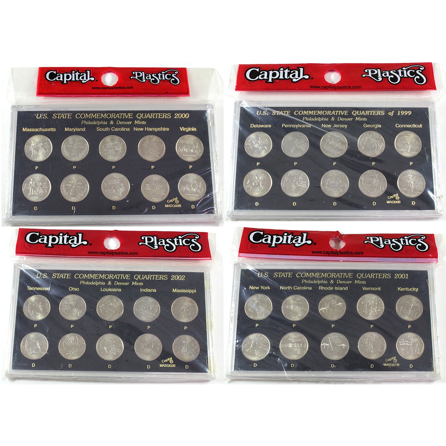 Lot of 4x USA 1999-2002 P&D State Quarter Collation in Holders, 4Pcs. (Impaired)