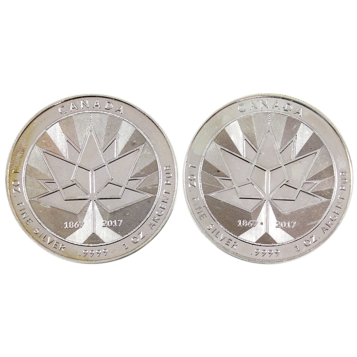 Pair of 2017 Canada 150th Anniversary 1oz. Silver Rounds, 2Pcs (No Tax) Lightly Scratched