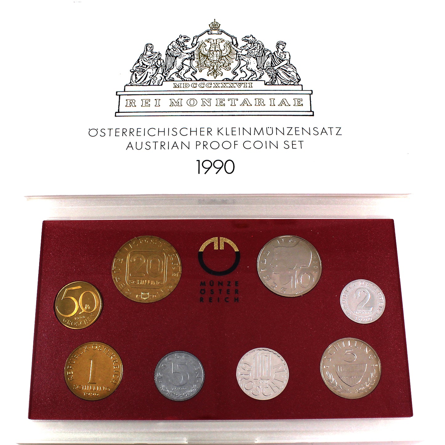 1990 Austrian 8-Coin Proof Set in Holder (Impaired)