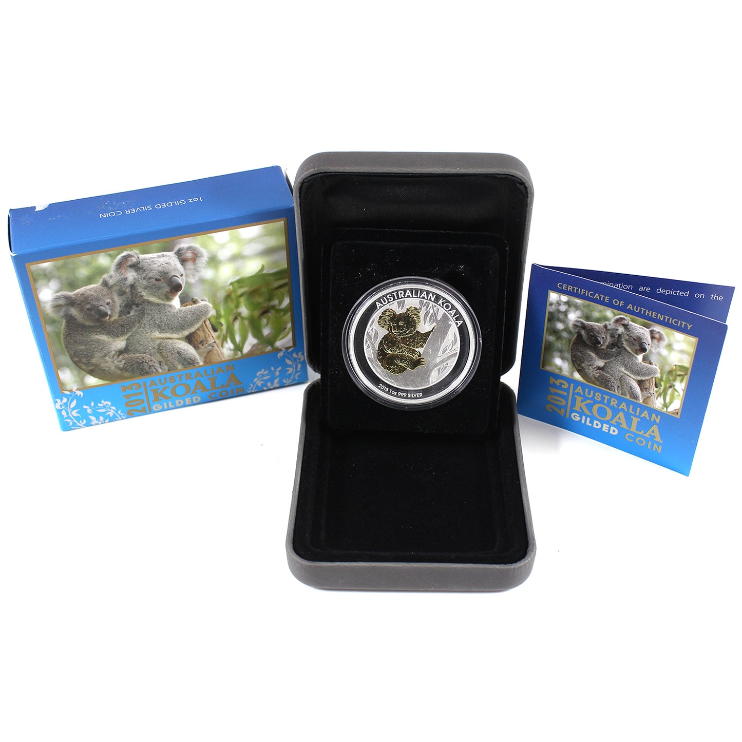 2013 Australia $1 Koala Gilded 1oz. Fine Silver Coin in Case (No Tax) Impaired