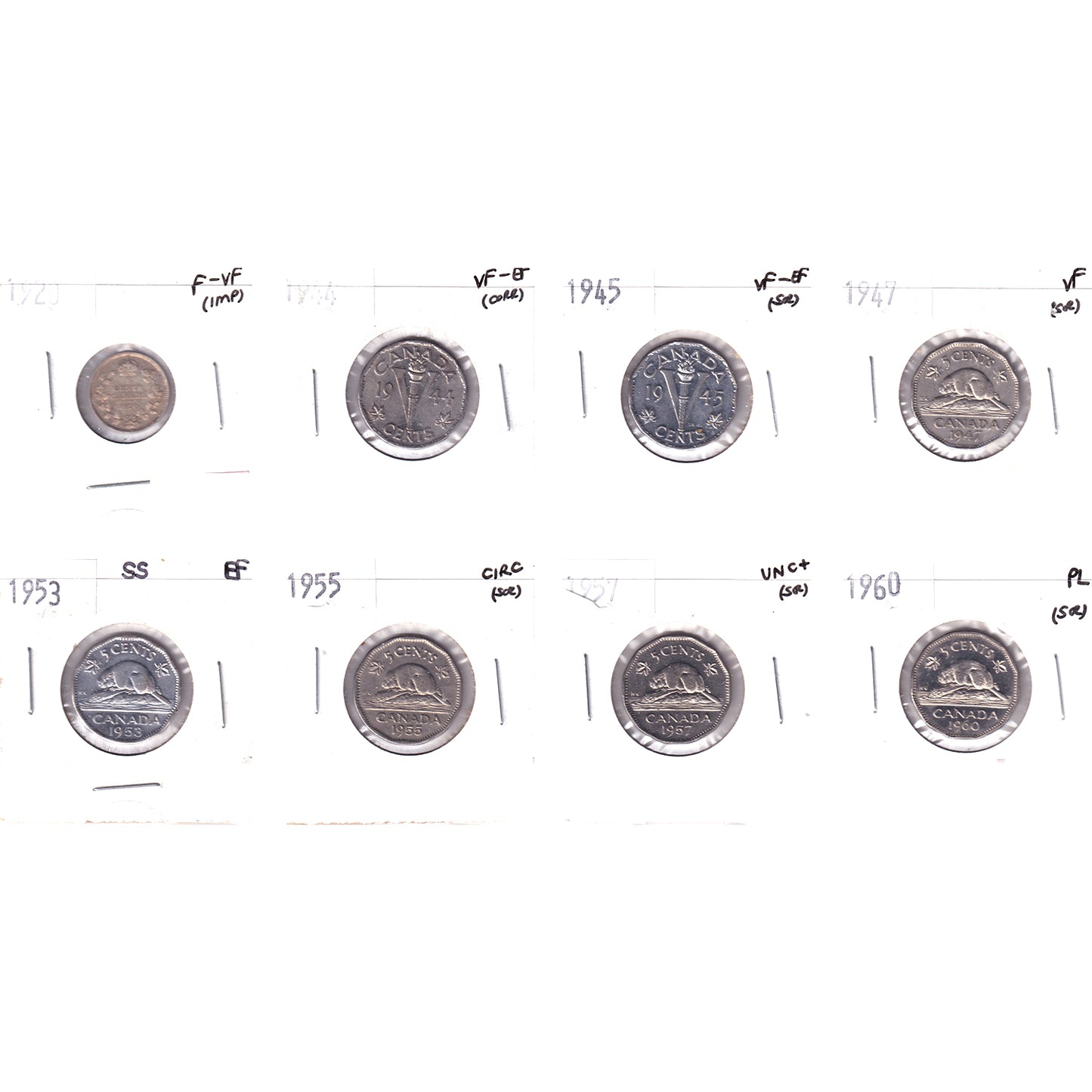 Lot of 8x 1920-1960 Canada 5-cents, Circ to PL, 8Pcs. (Impaired)