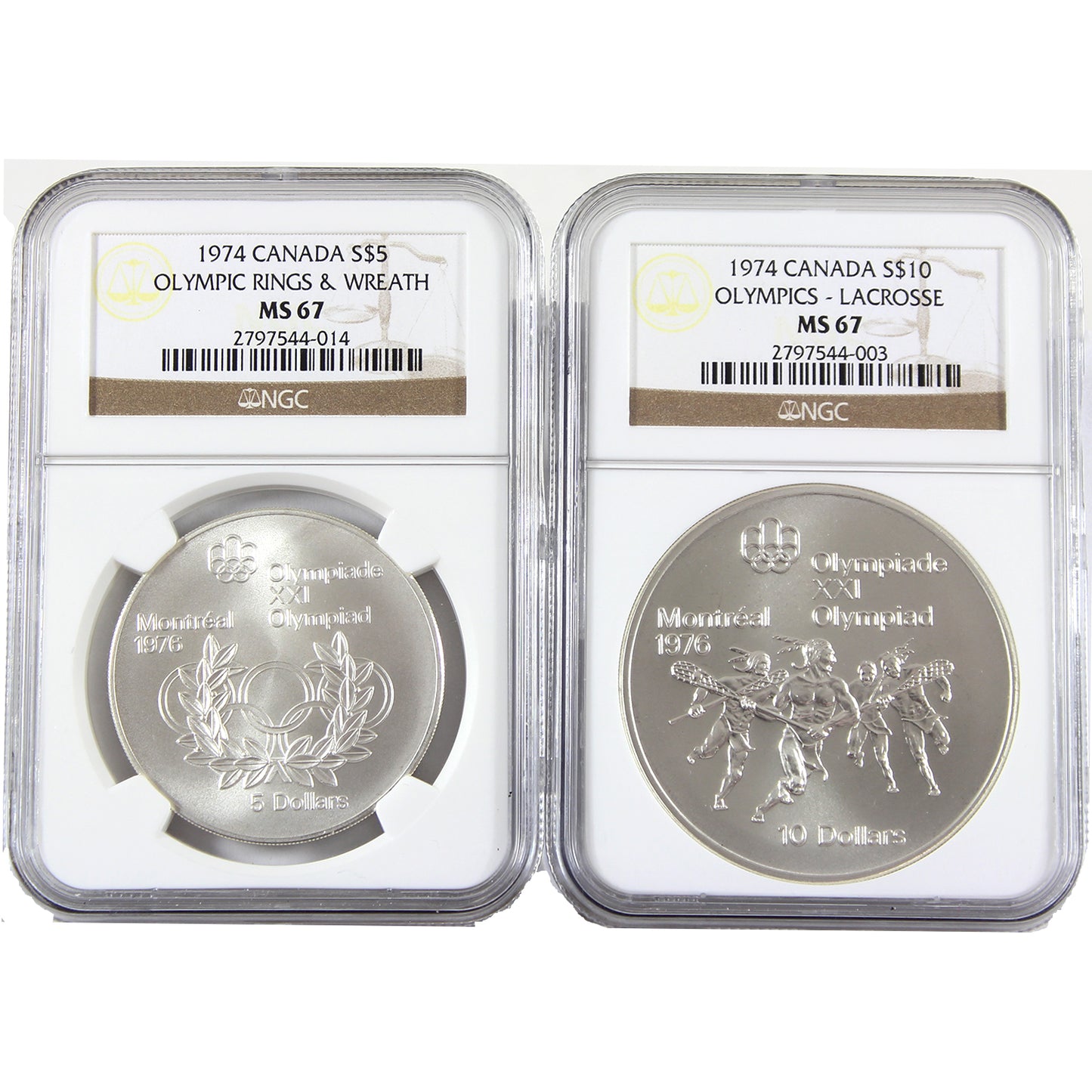 1974 Canada $5 and $10 Montreal Olympics Sterling Silver Coins NGC Cert. MS67, 2pcs