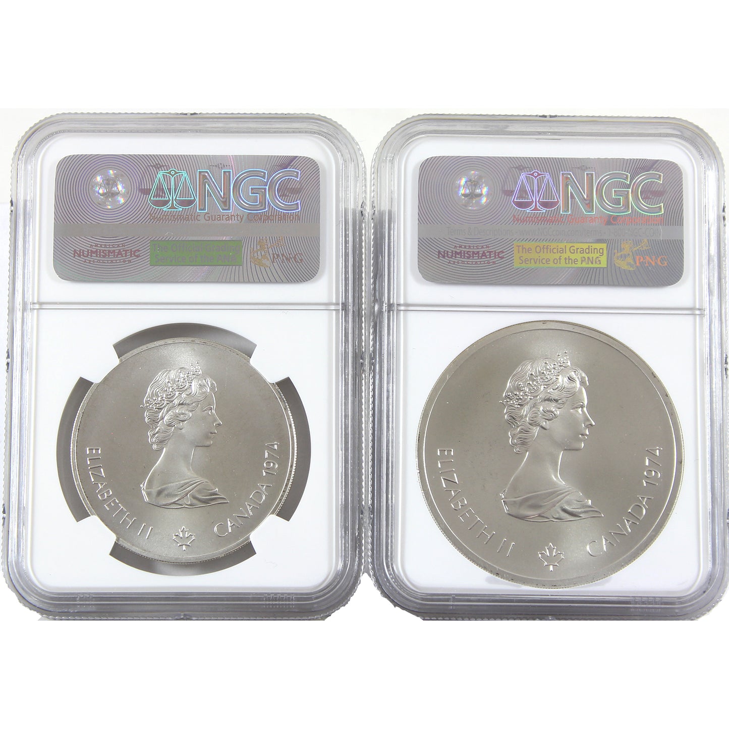 1974 Canada $5 and $10 Montreal Olympics Sterling Silver Coins NGC Cert. MS67, 2pcs