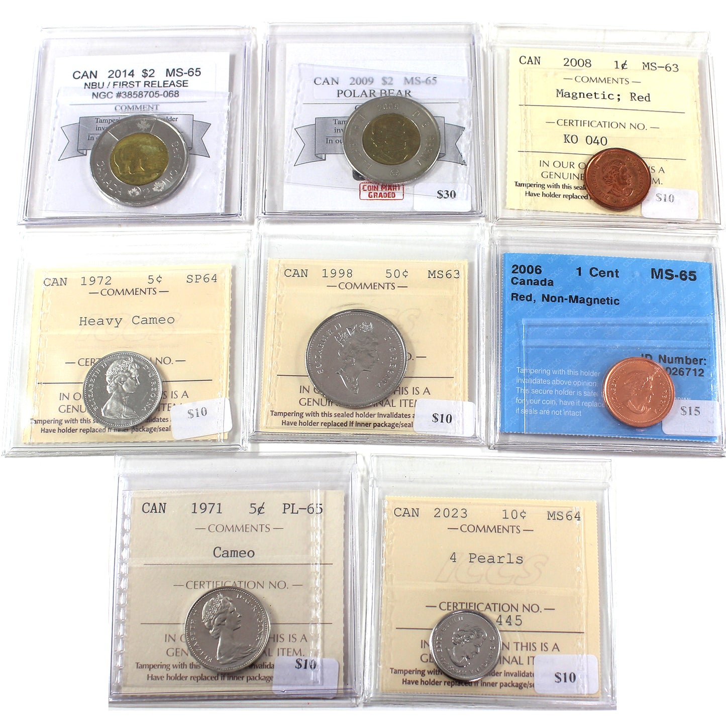 Lot of 8x 1971-2023 Canada Decimal Coins ICCS, CCCS & CMG Cert. MS63 to PL65, 8Pcs.