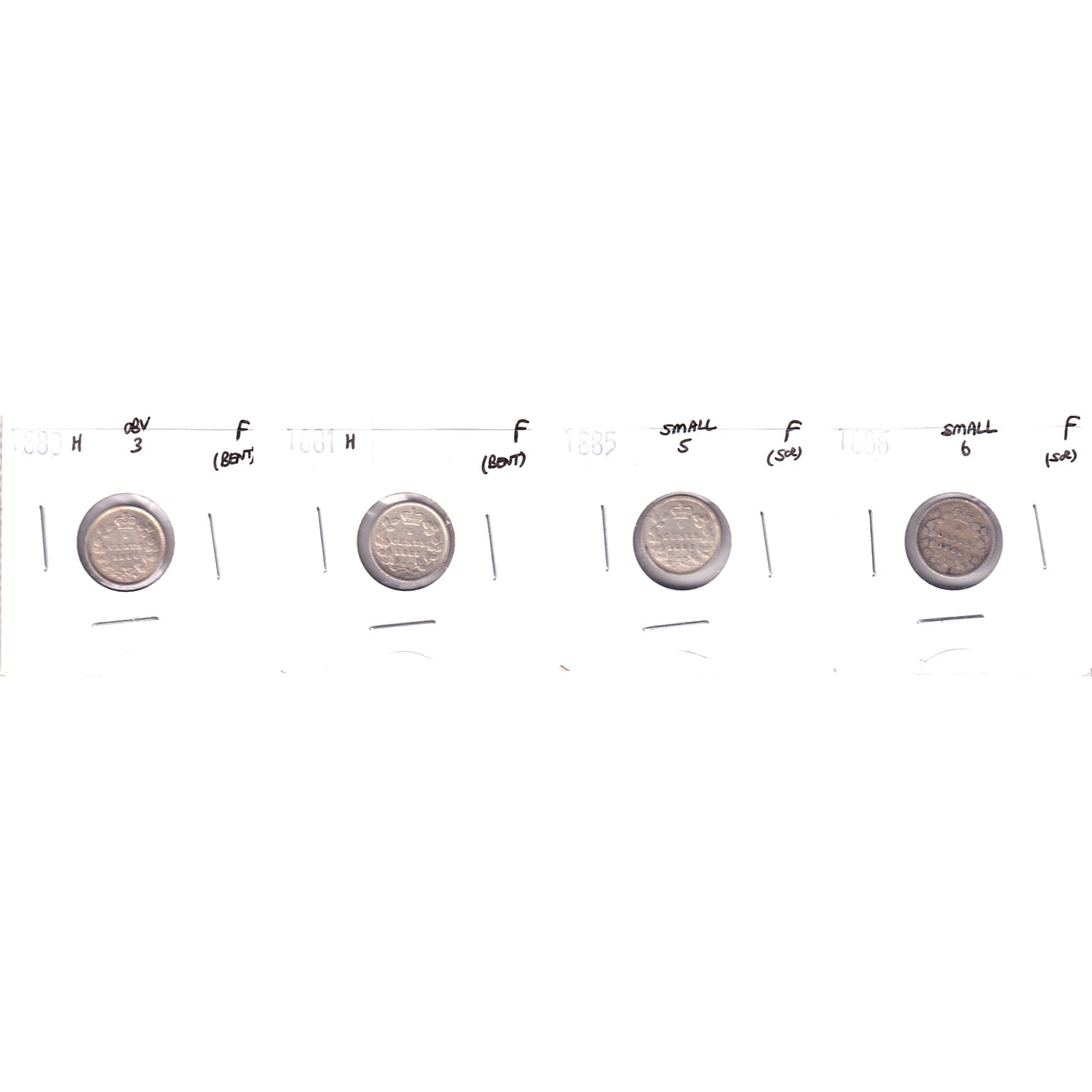 Lot of 4x 1880H-1886 Canada 5-cents, All F, 4Pcs. (Impaired)