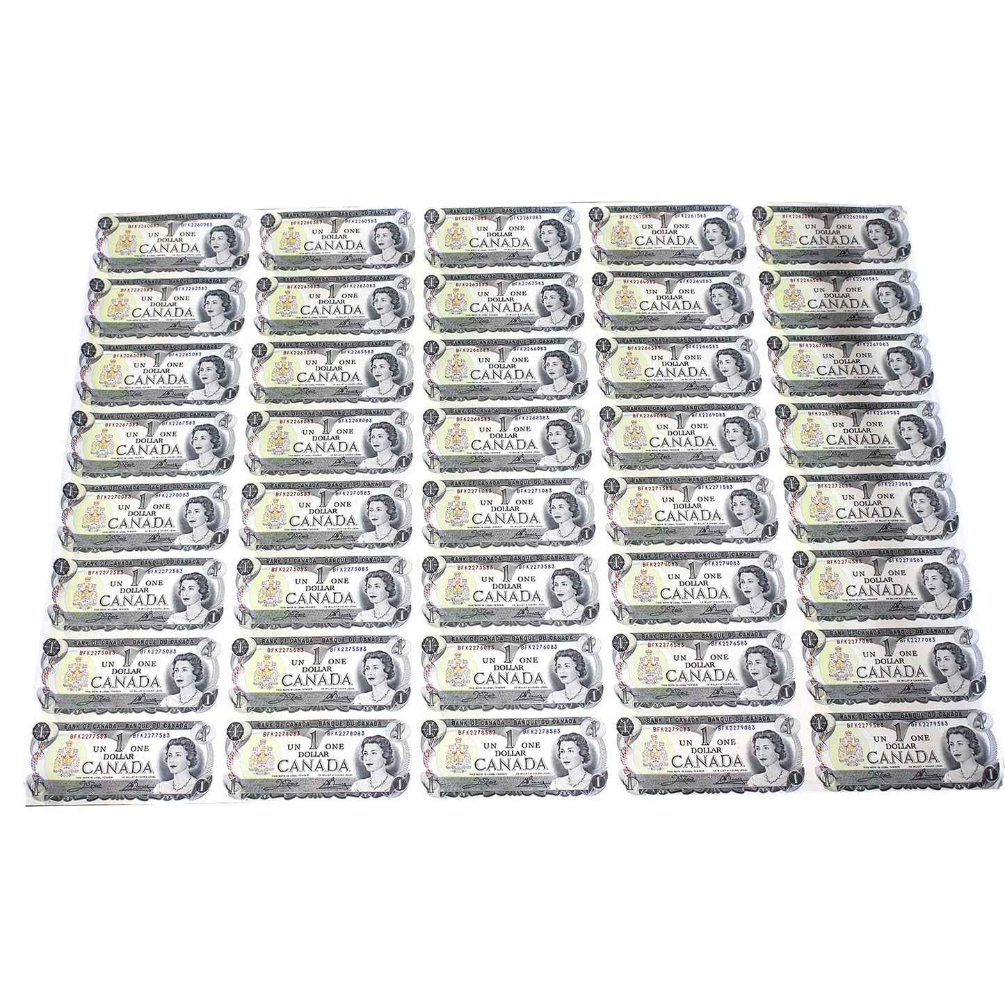 Uncut 5x8 Sheet of 1973 Canada $1 Notes, Crow-Bouey, BFK (Issues)