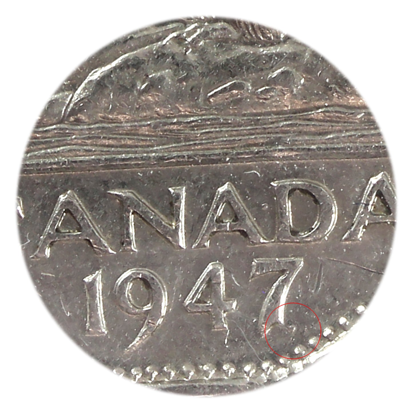 1947 Dot Canada 5-cents ICCS Certified VF30 (scratch)