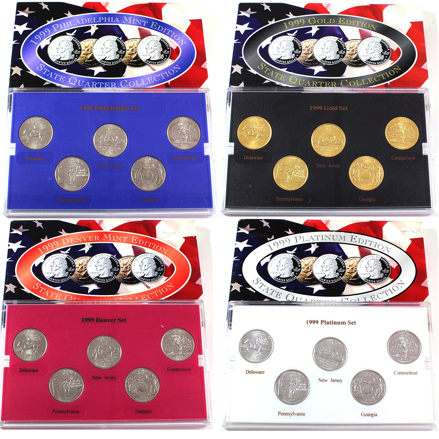 Lot of 4x 1999 USA P, D, Gold, and Platinum Edition State Quarters Collections, 4pcs