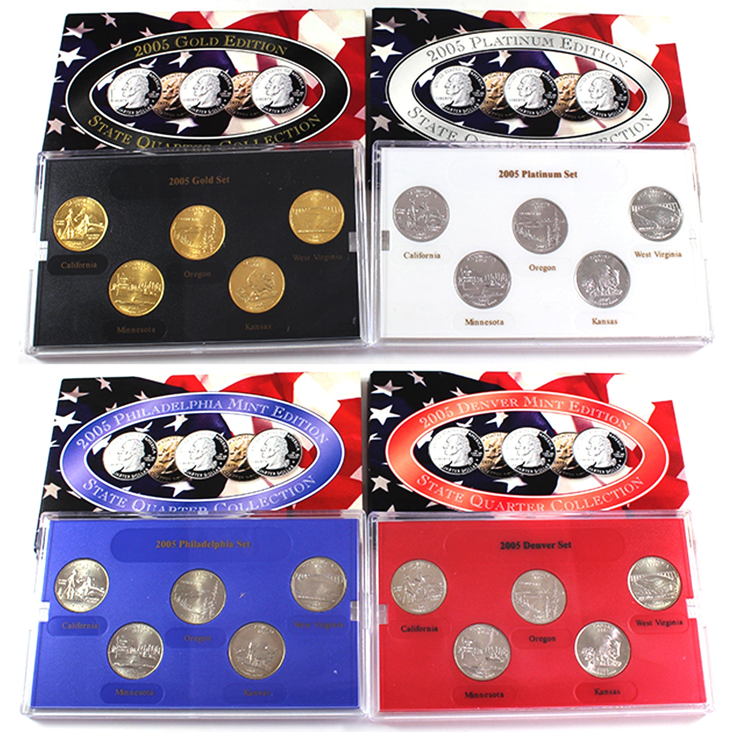 Lot of 4x 2005 USA P, D, Gold, and Platinum Edition State Quarters Collections, 4pcs