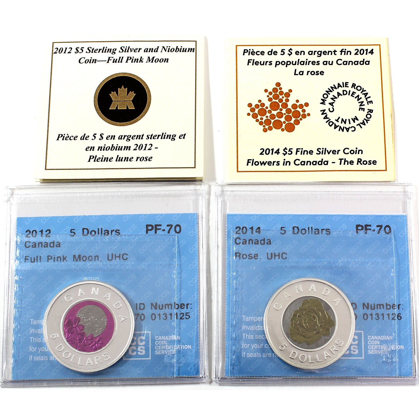 Pair of 2012 & 2014 Canada $5 Silver and Niobium Coins CCCS Certified PF70 UHC