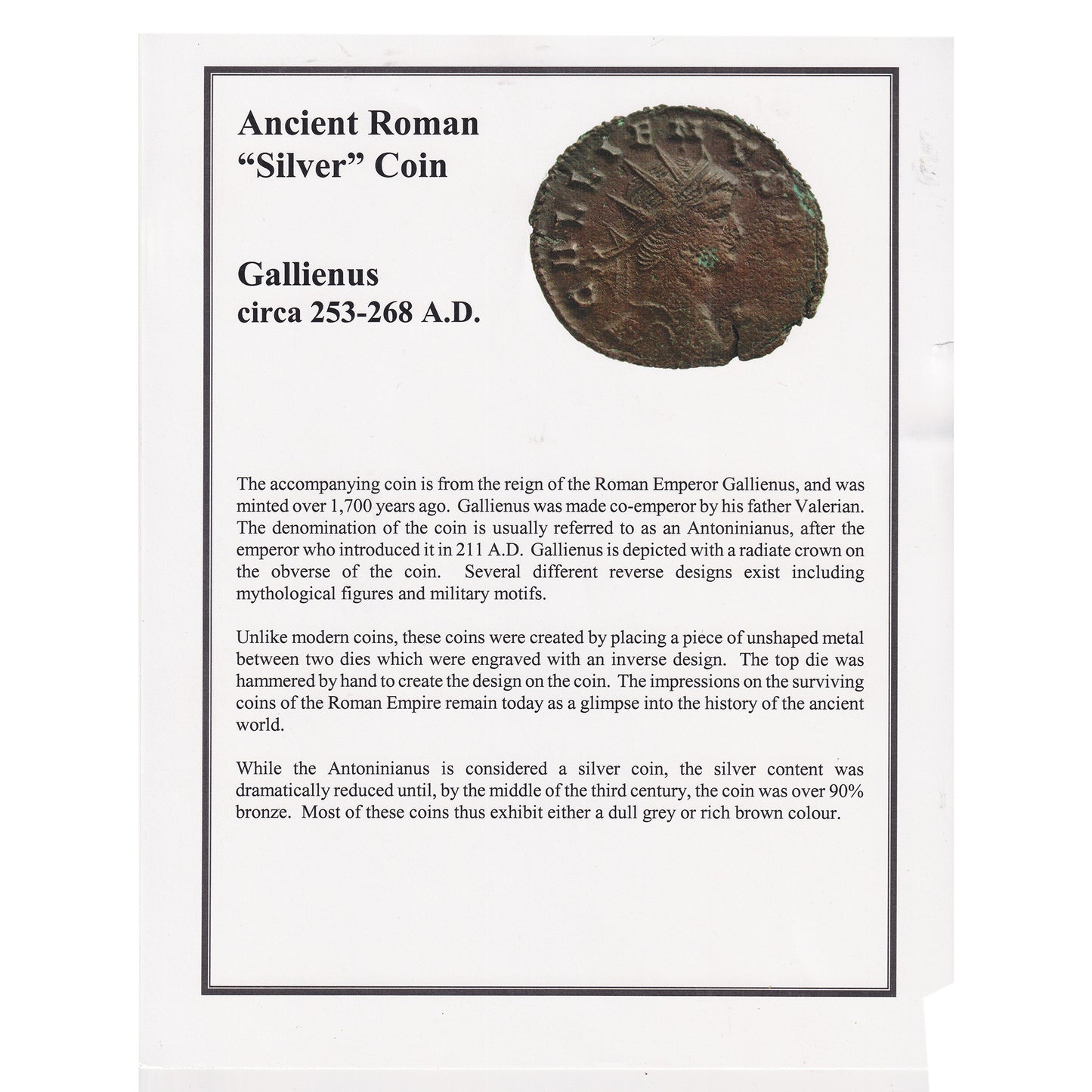 Ancient Rome 253-268 AD Gallienus "Silver" Coin with Information Sheet