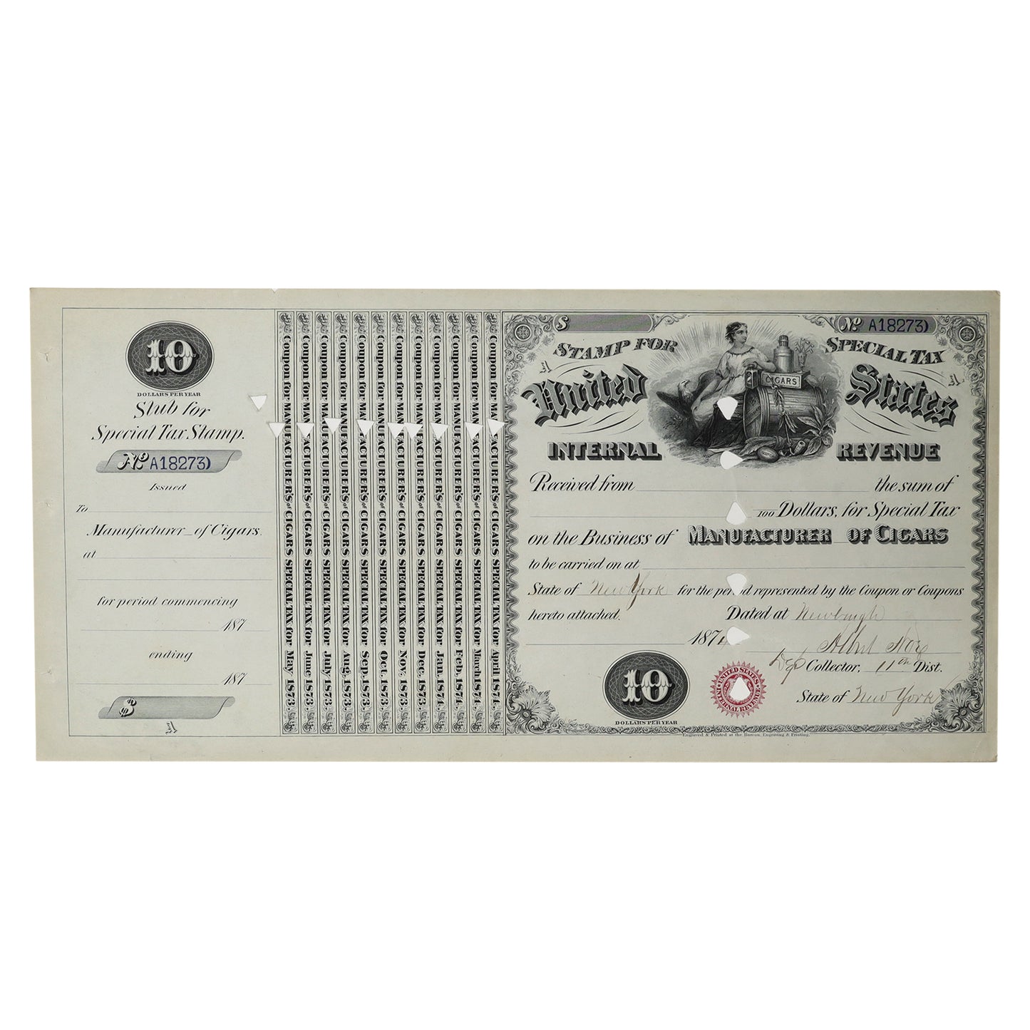 1874 USA $10 Manufacturer of Cigars Special Tax Stamp Certificate, Cancelled