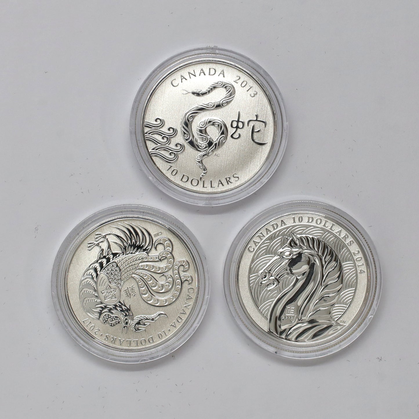 Lot of 3x 2013-2017 Canada $10 Chinese Zodiac Fine Silver Coins, 3pcs (No Tax) Issues