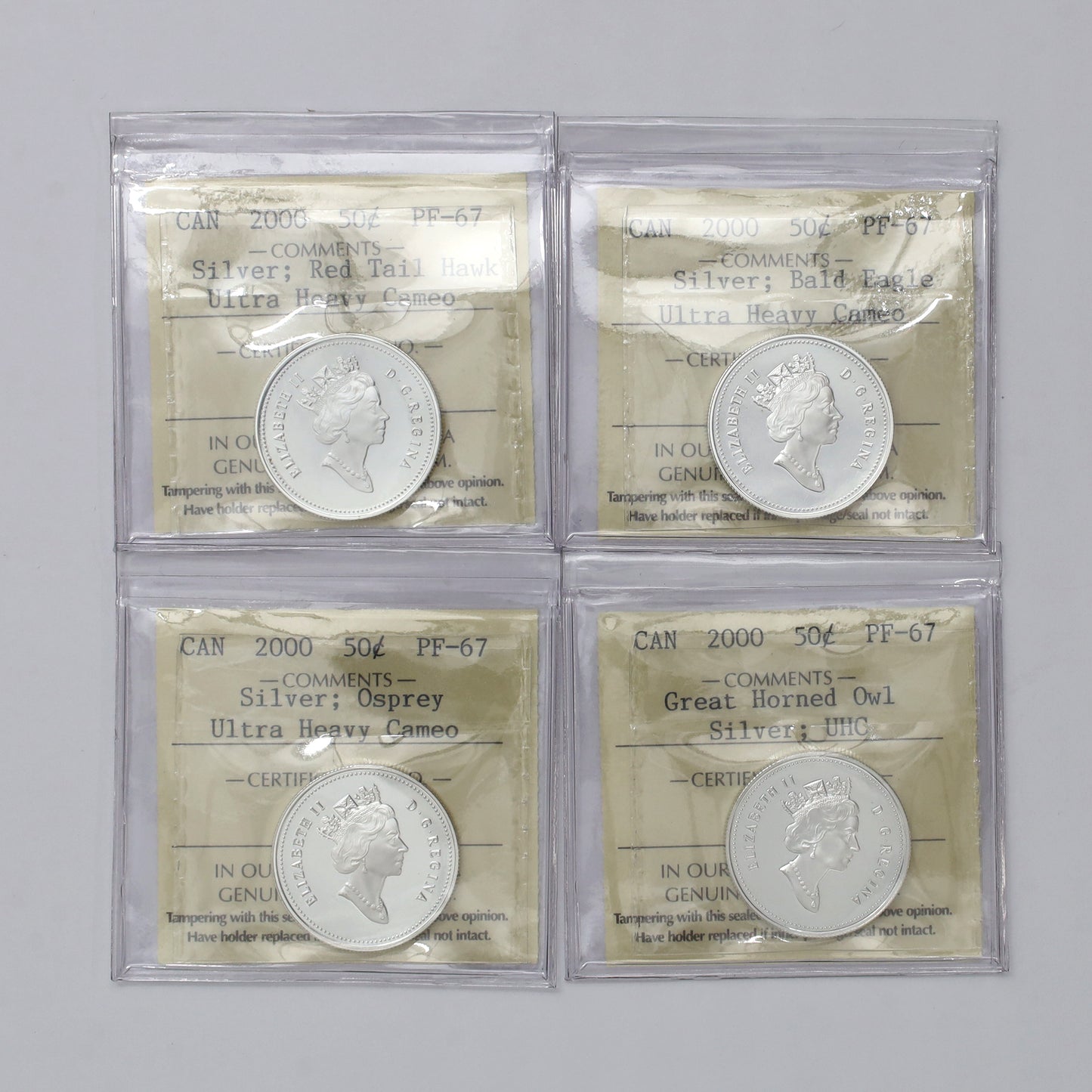 Lot of 4x 2000 Canada 50-cents Birds of Prey Proof 4-Coin Set ICCS Cert. PF67 UHC, 4pcs