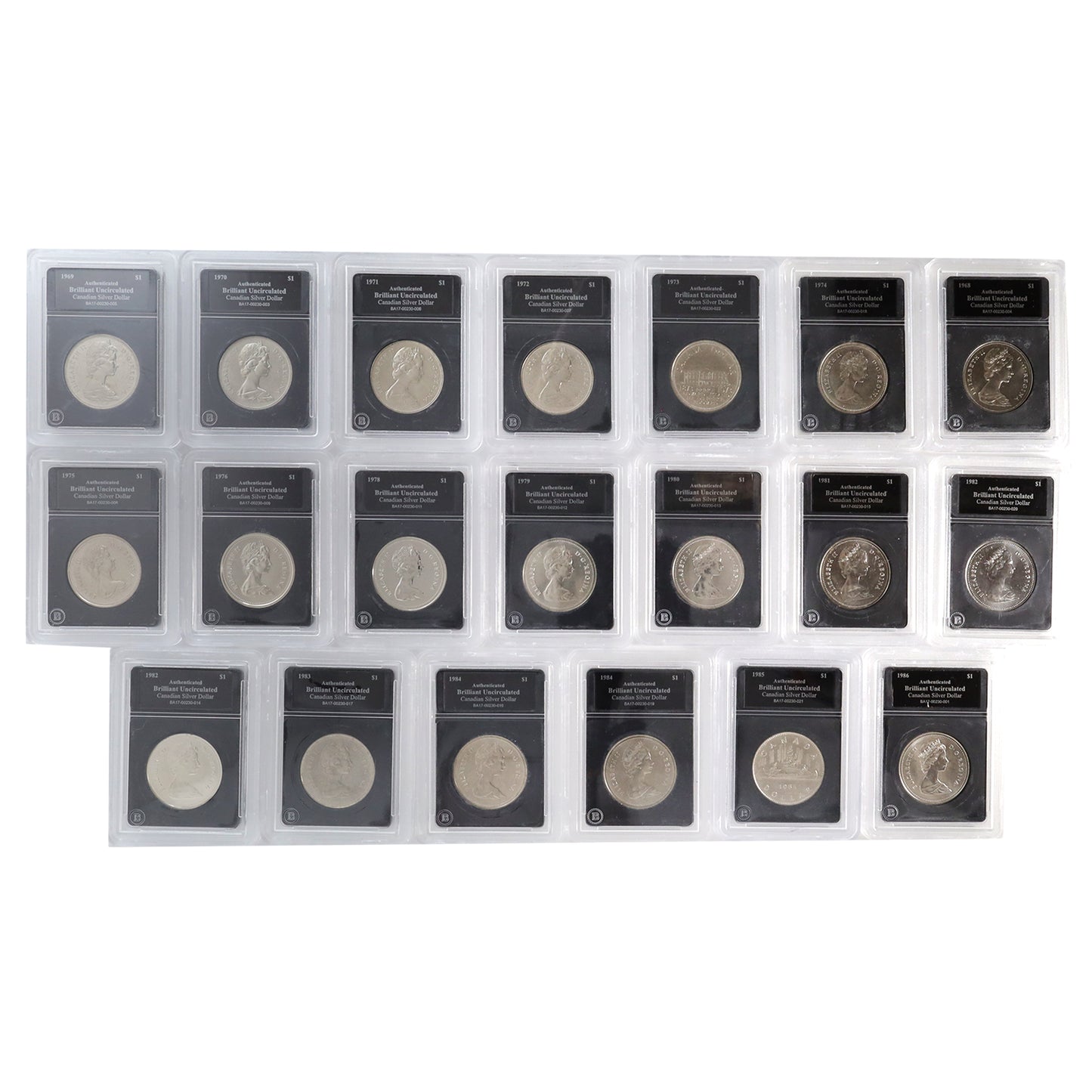 Lot of 20x 1968-1986 Canada Dollars Certified BU by Bradford Exchange, 20pcs (scratches)